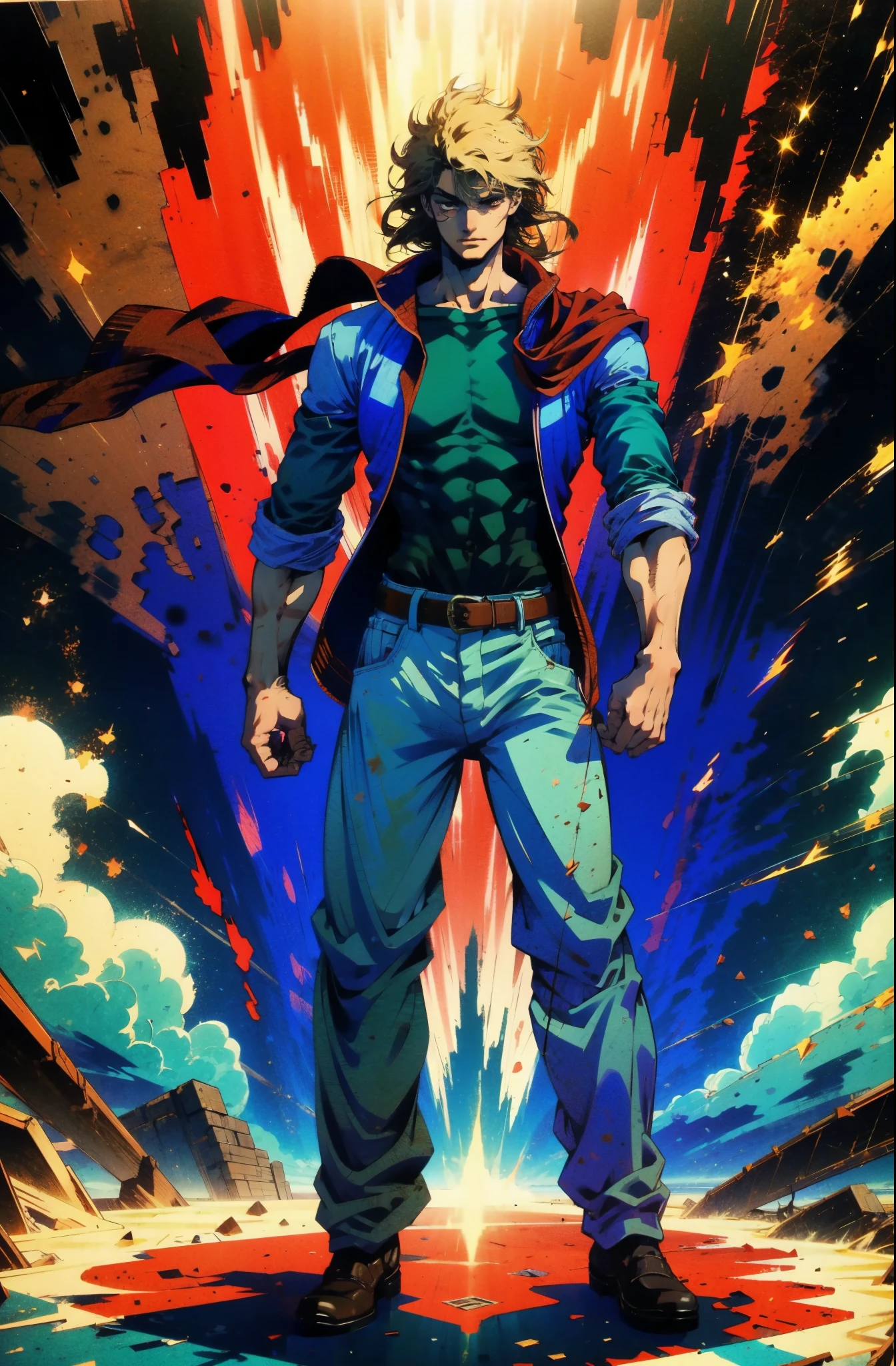 A man with brown disheveled and bristling hair, sharp eyes, a dignified expression, two green war marks on his face, a fantasy-style tattered brown coat with one sleeve torn, a black sleeveless undershirt, a red cloth belt around his waist, light-colored trousers, thick cloth shoes, a strong aura surrounds him, stands in a fantastical canyon cave, this character embodies a finely crafted fantasy-style practitioner in anime style, exquisite and mature manga art style, dramatic, high definition, best quality, highres, ultra-detailed, ultra-fine painting, extremely delicate, professional, perfect body proportions, golden ratio, anatomically correct, symmetrical face, extremely detailed eyes and face, high quality eyes, creativity, RAW photo, UHD, 32k, Natural light, cinematic lighting, masterpiece-anatomy-perfect, masterpiece:1.5