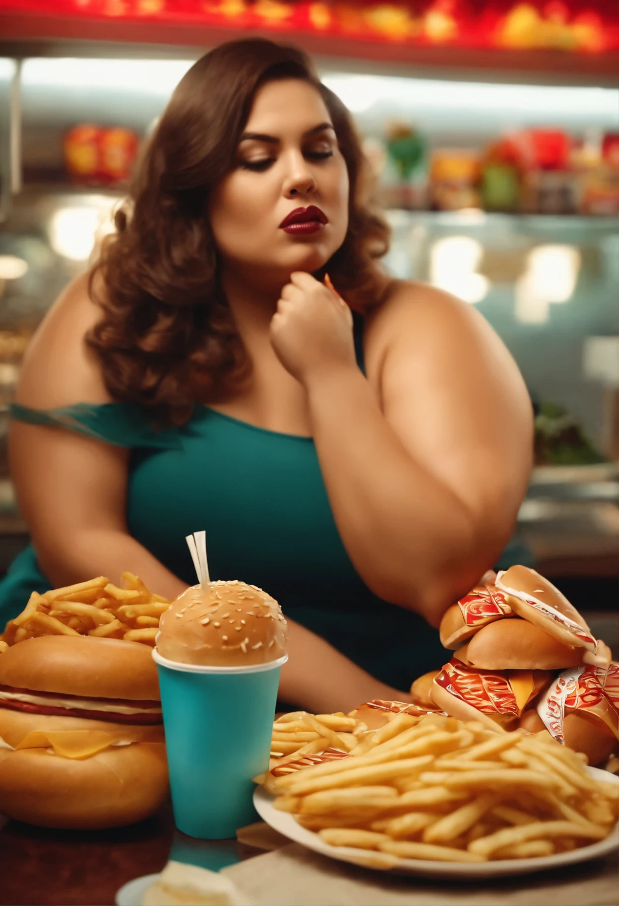 fat woman eating fast food snacks sad