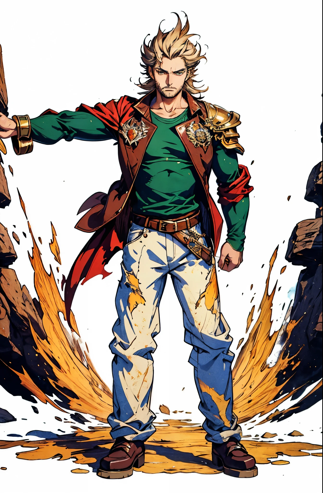 A man with brown disheveled and bristling hair, sharp eyes, a dignified expression, two green war marks on his face, a fantasy-style tattered brown coat with one sleeve torn, a black sleeveless undershirt, a red cloth belt around his waist, light-colored trousers, thick cloth shoes, a strong aura surrounds him, stands in a fantastical canyon cave, this character embodies a finely crafted fantasy-style practitioner in anime style, exquisite and mature manga art style, dramatic, high definition, best quality, highres, ultra-detailed, ultra-fine painting, extremely delicate, professional, perfect body proportions, golden ratio, anatomically correct, symmetrical face, extremely detailed eyes and face, high quality eyes, creativity, RAW photo, UHD, 32k, Natural light, cinematic lighting, masterpiece-anatomy-perfect, masterpiece:1.5