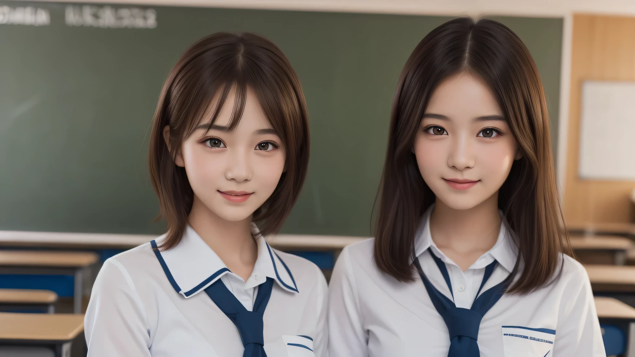 kawaii, (2girl), bob hair, smile, (high school uniform), (Best Quality:1.4), Realistic, extremely detailed CG unified 8k wallpaper, highly detailed, High-definition raw color photos, professional photography, Realistic portrait, Beautiful detailed, Close up portrait of girl, (school, classroom:1.2), (Fine face:1.2), 