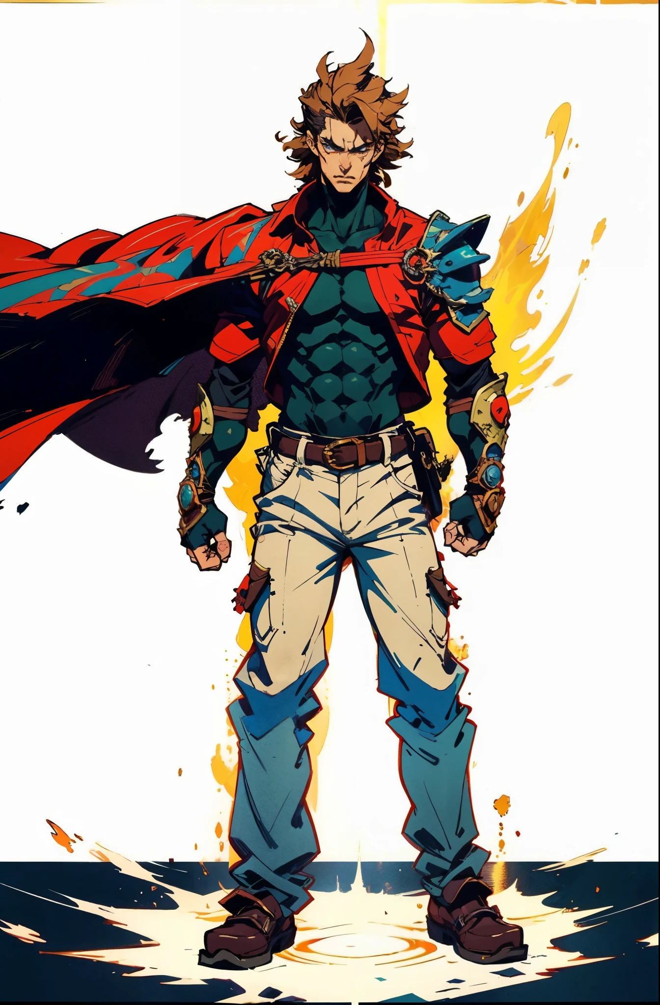 A man with brown disheveled and bristling hair, sharp eyes, a dignified expression, two green war marks on his face, a fantasy-style tattered brown coat with one sleeve torn, a black sleeveless undershirt, a red cloth belt around his waist, light-colored trousers, thick cloth shoes, a strong aura surrounds him, stands in a fantastical canyon cave, this character embodies a finely crafted fantasy-style practitioner in anime style, exquisite and mature manga art style, dramatic, high definition, best quality, highres, ultra-detailed, ultra-fine painting, extremely delicate, professional, perfect body proportions, golden ratio, anatomically correct, symmetrical face, extremely detailed eyes and face, high quality eyes, creativity, RAW photo, UHD, 32k, Natural light, cinematic lighting, masterpiece-anatomy-perfect, masterpiece:1.5