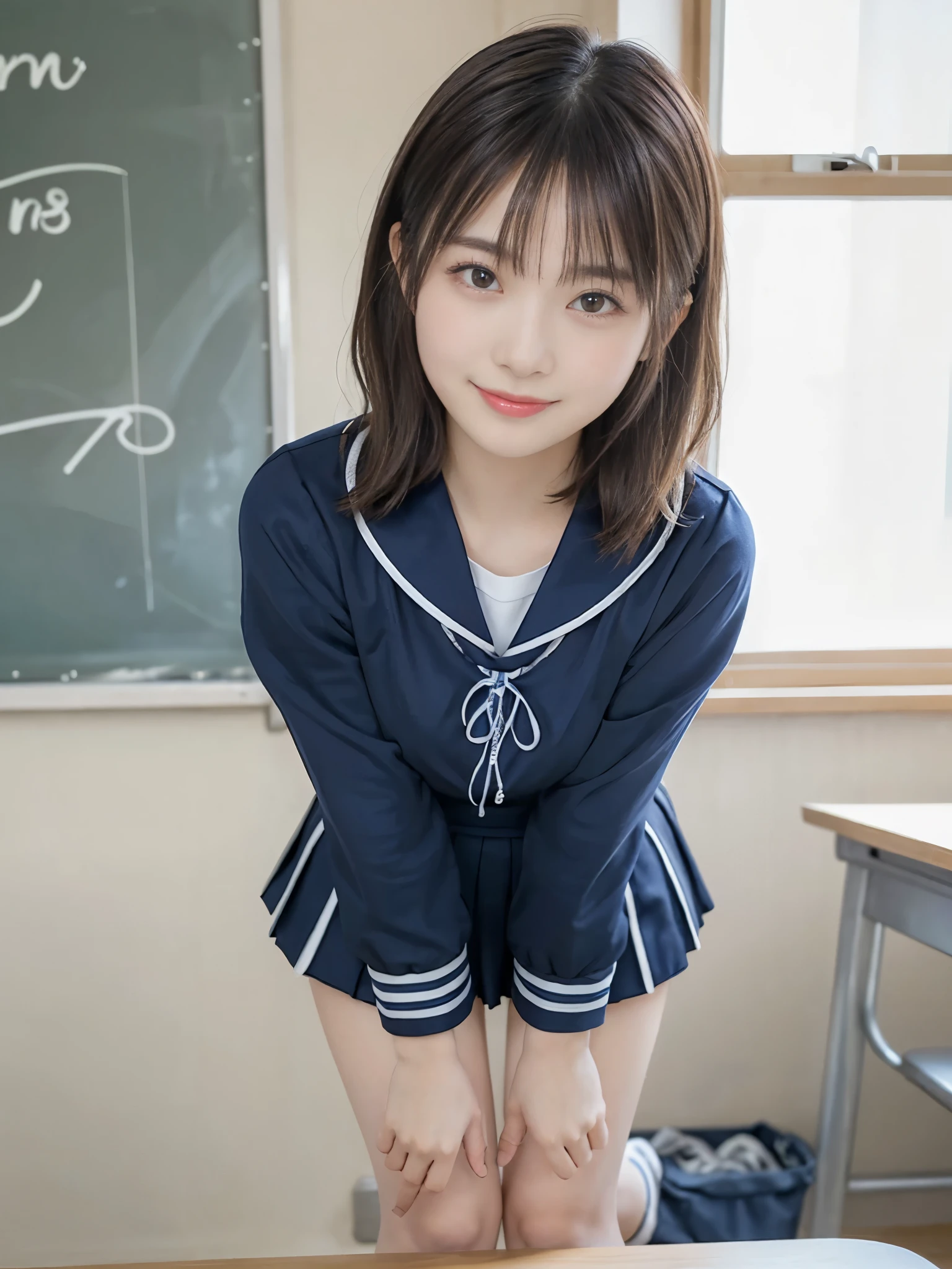 girl sitting facing me on the sofa、Solo、petite body、tchibi、cute little、japanes、Long、Mini sailor uniform that exposes the navel、Ultra mini skirt、Panties are white、Smiling and looking at me、The lighting is bright