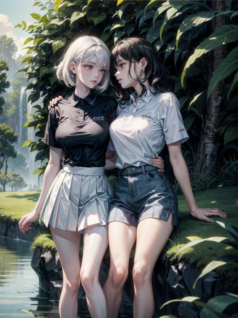 absurdres, RAW photo, extremely delicate and beautiful, masterpiece, Best Quality, ultra high resolution, 32k, hyperrealistic, ultra-detailed, detailed description, perfect anatomy, pale skin, 20 years old, detailed beautiful face and eyes, tearful mole, earring, short medium hair, wavy hair, whole body shot, colossal tits, (golf uniform), ((yuri)), ((2 girls)), 