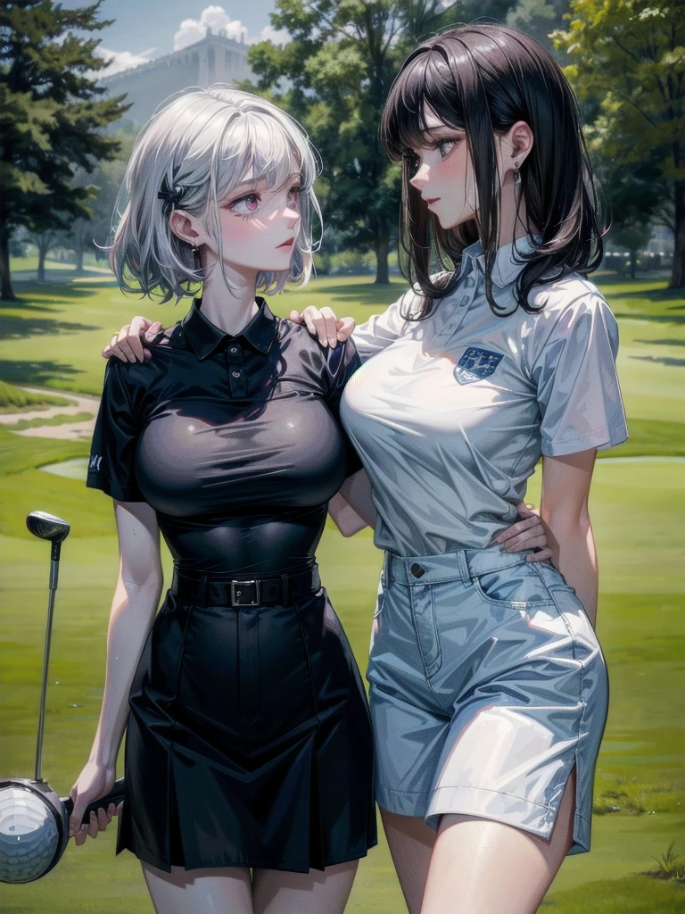 absurdres, RAW photo, extremely delicate and beautiful, masterpiece, Best Quality, ultra high resolution, 32k, hyperrealistic, ultra-detailed, detailed description, perfect anatomy, pale skin, 20 years old, detailed beautiful face and eyes, tearful mole, earring, short medium hair, wavy hair, whole body shot, colossal tits, (golf uniform), ((yuri)), ((2 girls)),