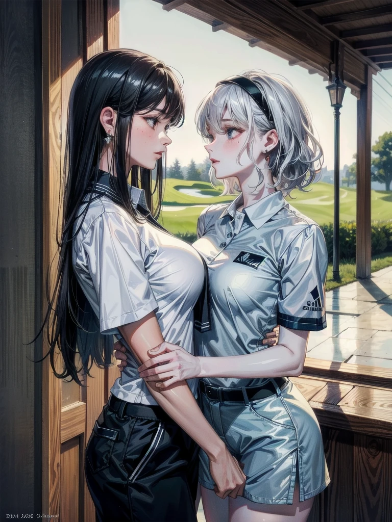 absurdres, RAW photo, extremely delicate and beautiful, masterpiece, Best Quality, ultra high resolution, 32k, hyperrealistic, ultra-detailed, detailed description, perfect anatomy, pale skin, 20 years old, detailed beautiful face and eyes, tearful mole, earring, short medium hair, wavy hair, whole body shot, colossal tits, (golf uniform), ((yuri)), ((2 girls)),