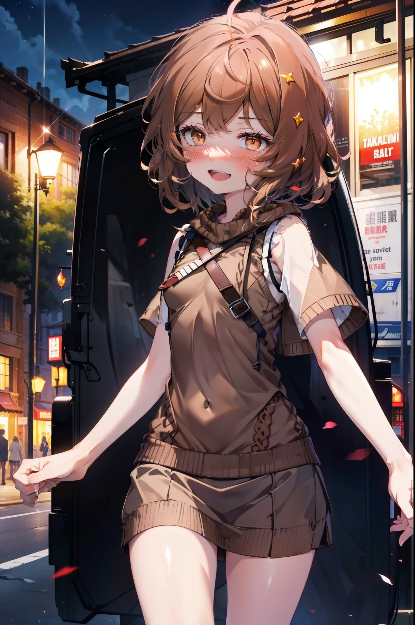 Lililukarde, Liliruka gets burned, (Brown eyes:1.7), Brown Hair, (Flat Chest:1.2), short hair,break happy smile, smile, Open your mouth,skirt, shirt, Short sleeve, white shirt, Pleated skirt, Black knee socks,Brown loafers, 黒のPleated skirt, Sweater vest, , (brown Sweater vest:1.5),morning,morning陽,The sun is rising,whole bodyがイラストに入るように,walking,
break looking at viewer,whole body,
break outdoors, In town,Building district,
break (masterpiece:1.2), highest quality, High resolution, unity 8k wallpaper, (figure:0.8), (Beautiful fine details:1.6), Highly detailed face, Perfect lighting, Highly detailed CG, (Perfect hands, Perfect Anatomy),