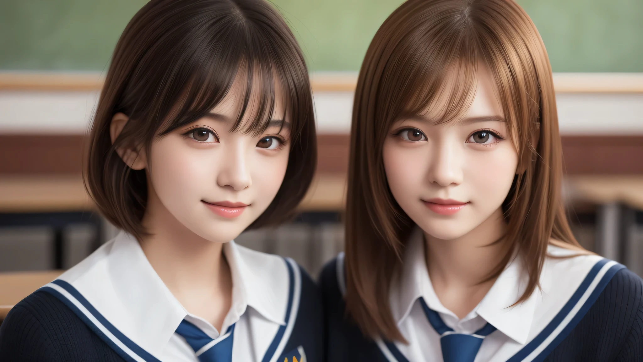 kawaii, (2girl), bob hair, smile, (high school uniform), (Best Quality:1.4), Realistic, extremely detailed CG unified 8k wallpaper, highly detailed, High-definition raw color photos, professional photography, Realistic portrait, Beautiful detailed, Close up portrait of girl, (school, classroom:1.2), (Fine face:1.2),