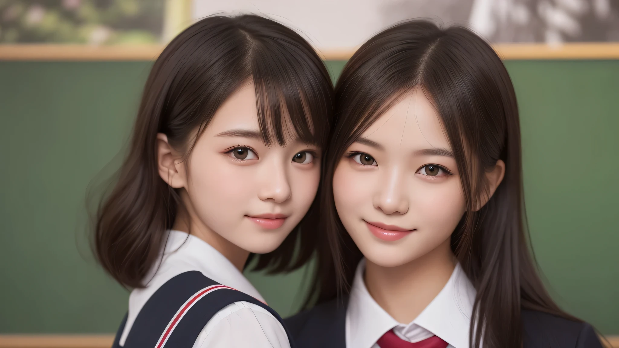 kawaii, (2girl), bob hair, smile, (high school uniform), (Best Quality:1.4), Realistic, extremely detailed CG unified 8k wallpaper, highly detailed, High-definition raw color photos, professional photography, Realistic portrait, Beautiful detailed, Close up portrait of girl, (school, classroom:1.2), (Fine face:1.2),