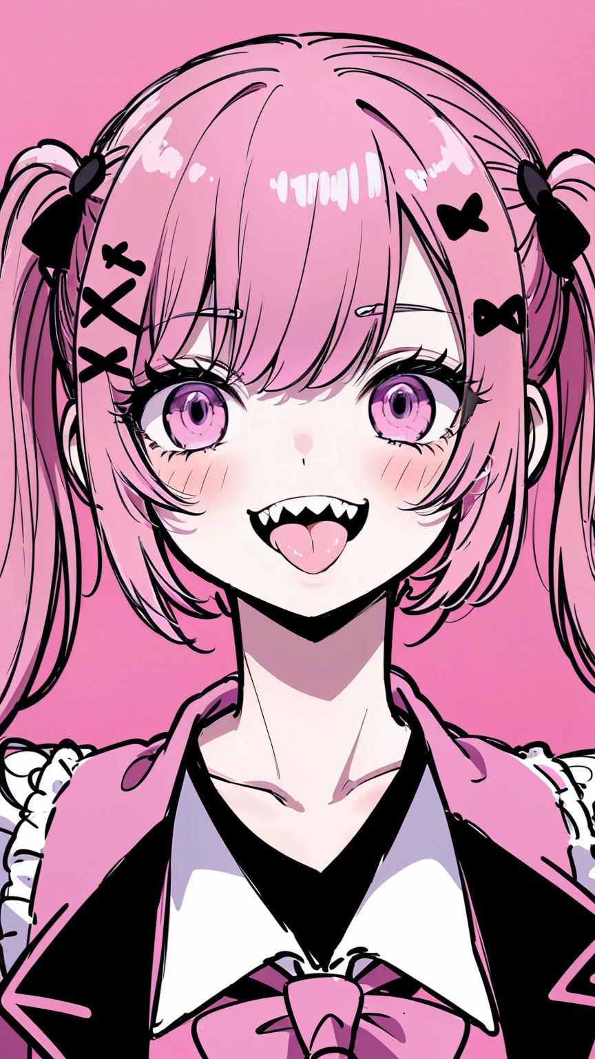 masterpiece, upper body, portrait, centered, 1girl, jinxlol, crazy smile, tongue out, sharp teeth, (simple pink background), 8K,
