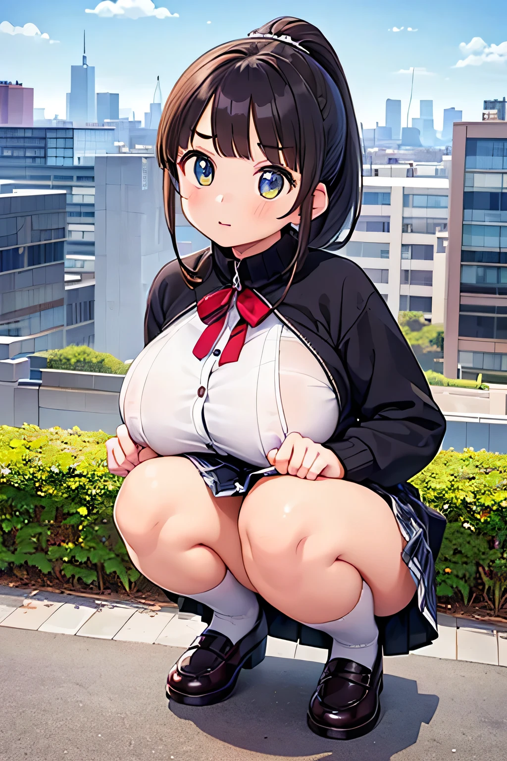 highest quality、High resolution、Detailed Background、(Beautiful face in every detail:1.4)、Anatomically correct、(Hide your fingers:1.3)、(Detailed facial expressions)、(Detailed eyes:1.2)、(Detailed eyes:1.2)、age beauty、(Highly detailed face:1.4)、Black Hair、Brown Hair、well-groomed eyebrows、(Huge breasts:1.1)、Teenbeauty、(Two beautiful girls:1.1)、(Huge breasts:1.1)、Black Hair、Brown Hair、Braided Bob、Braided Ponytail、Perfect body line、Thick thighs、Cute JK Uniform、Checkered pleated mini skirt、White Stockings、White panties、Cowboy Shot、
(A girl is crouching against the backdrop of buildings and landscapes, looking coldly at us.:1.5)、Panty Shot、
British Museum、Buckingham Palace