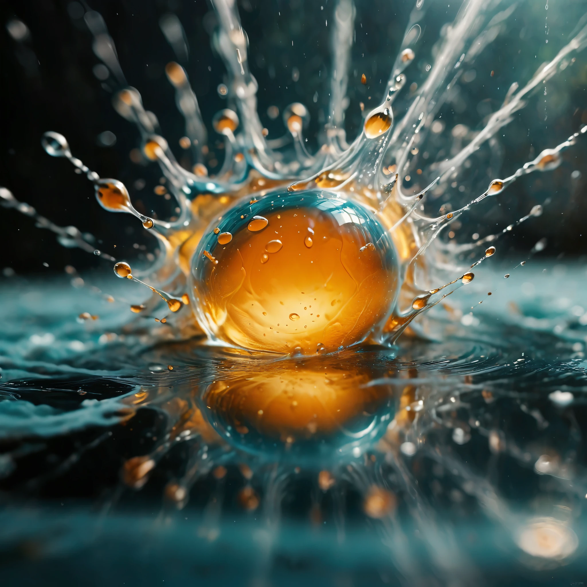 highly detailed macro photograph showcasing a dynamic explosion of colorful droplets in mid-air. Focus on the contrast between the vibrant orange and teal hues against a dark, blurred background. The scene should capture the essence of motion and fluidity, with droplets of various sizes suspended in space, reflecting light and creating intricate patterns. The lighting should emphasize the translucence and reflective nature of the droplets, with a shallow depth of field to keep the focus on the foreground details while blurring the background. The overall mood should be energetic and captivating, highlighting the beauty of the liquid's movement and color interplay.