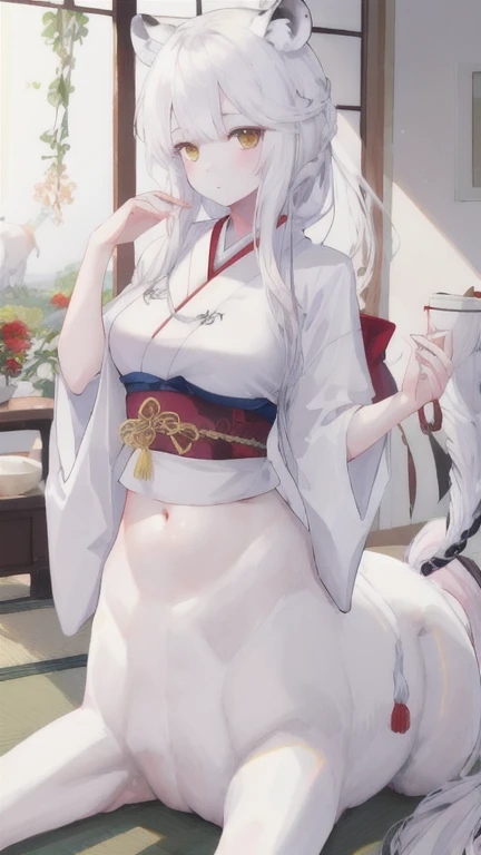 (best quality, masterpiece), 1 girl, centaur, It takes, White skin, Japanese , belly button t-shirt, 아름다운 소녀 perfect white tiger photo, perfect white tiger photo