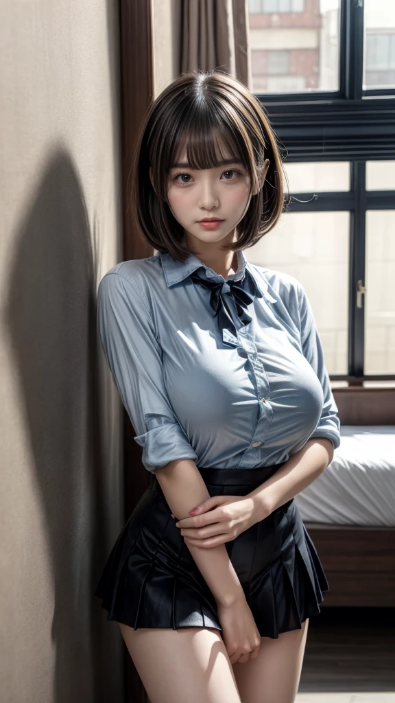 masterpiece, best quality, illustration, Super detailed, fine details, High resolution, 8K,wall paper, perfect dynamic composition,(Details High quality, realistic depiction of eyes:1.3), standing, (collared shirt:1.1), pleated skirt, short bob hair、black hair color, Big Natural Color Lip, bold sexy pose, crying a little、cold gaze, Harajuku style、acrobatic pose, 20 year old girl、cute type、lolita、beautiful legs, hotel room, gravure idol, Voluptuous thighs, huge breasts, Don't expose it