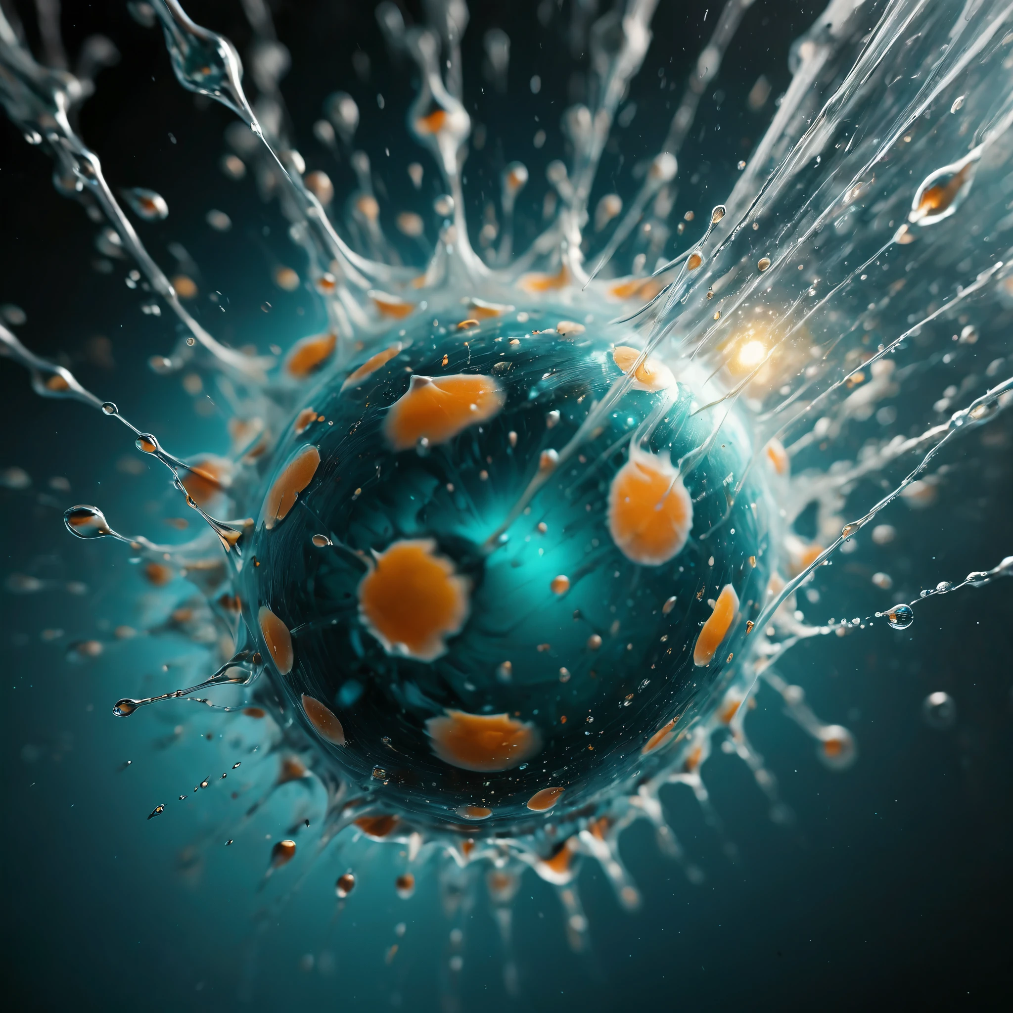 highly detailed macro photograph showcasing a dynamic explosion of colorful droplets in mid-air. Focus on the contrast between the vibrant orange and teal hues against a dark, blurred background. The scene should capture the essence of motion and fluidity, with droplets of various sizes suspended in space, reflecting light and creating intricate patterns. The lighting should emphasize the translucence and reflective nature of the droplets, with a shallow depth of field to keep the focus on the foreground details while blurring the background. The overall mood should be energetic and captivating, highlighting the beauty of the liquid's movement and color interplay.