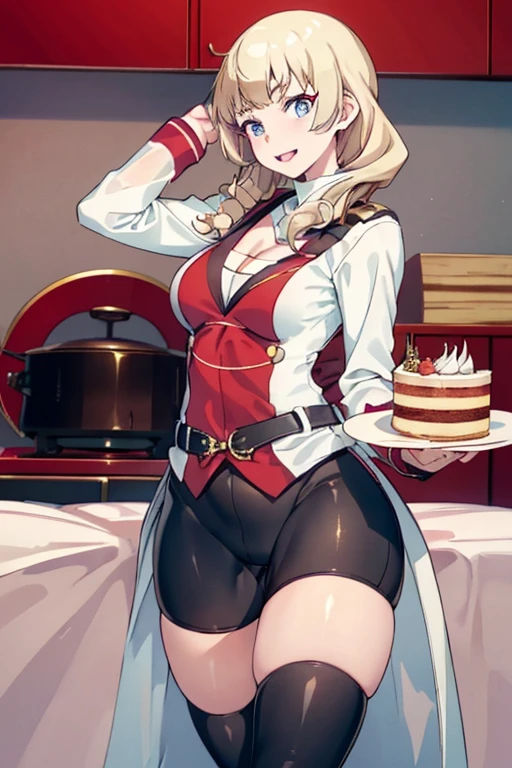 (dynamic angle:1.3, front view:1.1, breast focus:1.3, from above:1.1), (dynamic posing:1.2, sexy posing:1.2), (seductive smiling:1.3), ((looking at cake,Taking a cake out of the golden oven, worried about the outcome:1.2)),highest quality、(real、photorealistic:1.4),(ultra high resolution, 8K RAW photo, clear focus), best qualtiy, natural lighting, field depth, (Bright pupils, detailed beautiful eyes, high detailed face), Red lip, (tight focus:1.2), a girl 22yo old, Wearing a pastry chef uniform:1.3 , Thicc, thin breast, long hair, blue eyes,garter stocking, cleavage:1.2, midriff, black shorts, black thighhighs, thigh strap, pretty girl, (highly detailed beautiful face and eyes,firm breasts),real skin,((black,hair,long pony tail hair)),thin pubic hair,cute,lovely, detailed eyes,(double breasted:1.0,under bust:1.0),(with sparkling eyes and a contagious smile),open mouth, Looking at Viewer,A scene of cooking in the kitchen,looking at the golden oven
