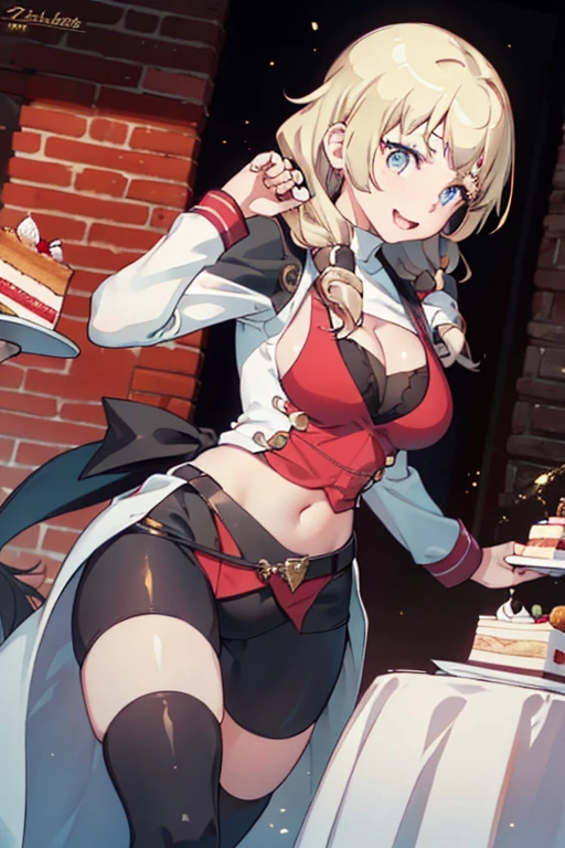 (dynamic angle:1.3, front view:1.1, breast focus:1.3, from above:1.1), (dynamic posing:1.2, sexy posing:1.2), (seductive smiling:1.3), ((looking at cake,Taking a cake out of the golden oven, worried about the outcome:1.2)),highest quality、(real、photorealistic:1.4),(ultra high resolution, 8K RAW photo, clear focus), best qualtiy, natural lighting, field depth, (Bright pupils, detailed beautiful eyes, high detailed face), Red lip, (tight focus:1.2), a girl 22yo old, Wearing a pastry chef uniform:1.3 , Thicc, thin breast, long hair, blue eyes,garter stocking, cleavage:1.2, midriff, black shorts, black thighhighs, thigh strap, pretty girl, (highly detailed beautiful face and eyes,firm breasts),real skin,((black,hair,long pony tail hair)),thin pubic hair,cute,lovely, detailed eyes,(double breasted:1.0,under bust:1.0),(with sparkling eyes and a contagious smile),open mouth, Looking at Viewer,A scene of cooking in the kitchen,looking at the golden oven
