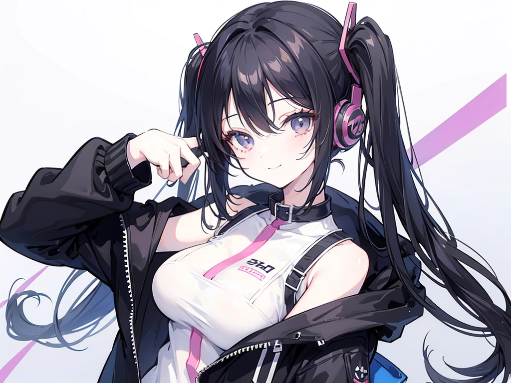 masterpiece,anime style,chibi,sexy girl,1024 x 768 wallpaper,black hair,shoulder length hair with two pigtails,black jacket,with headphones,lo fi background,smiling,big breasts,listening to music,waiting on the right side of the image,