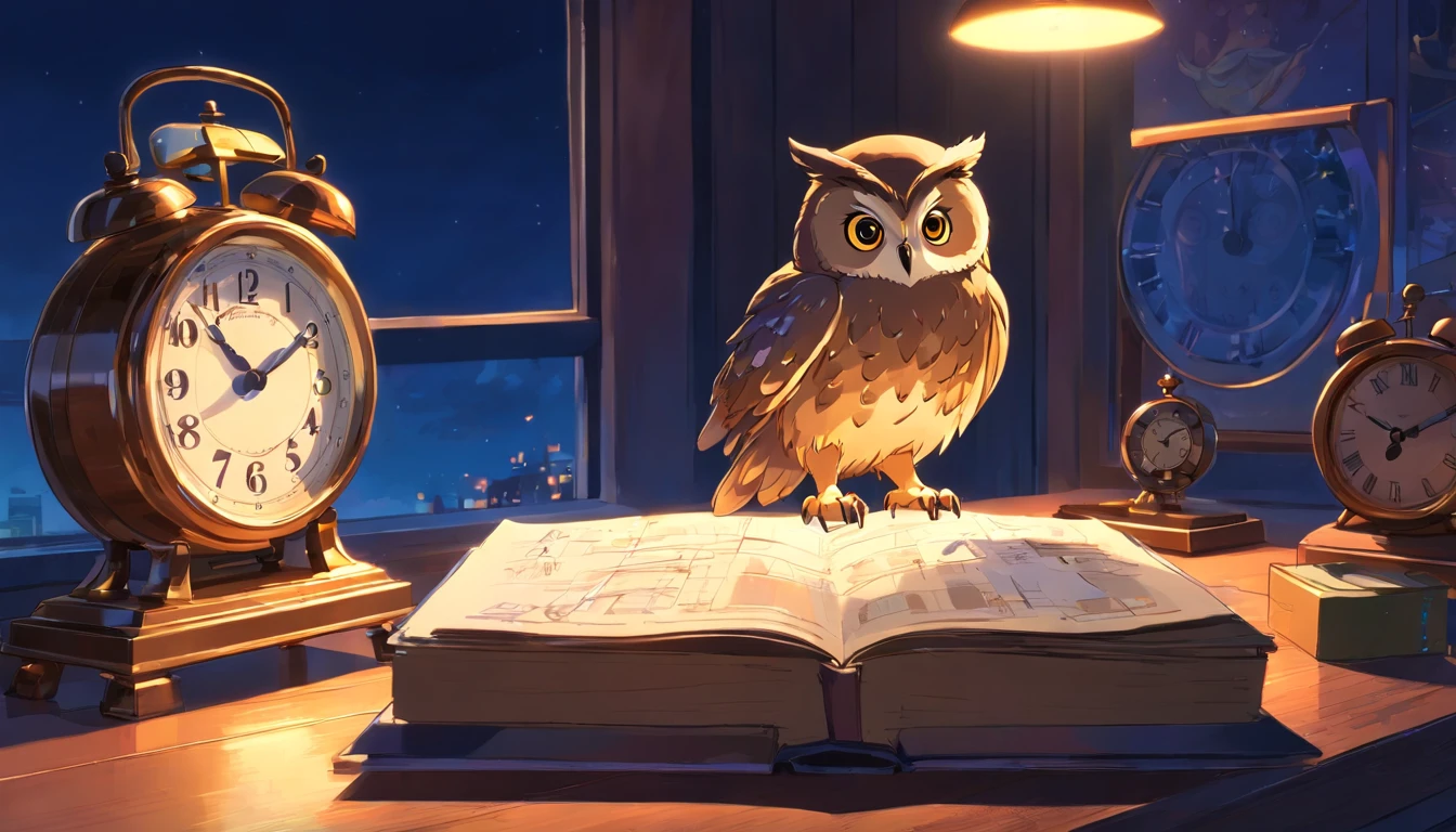 Owl and antique alarm clock,darkness