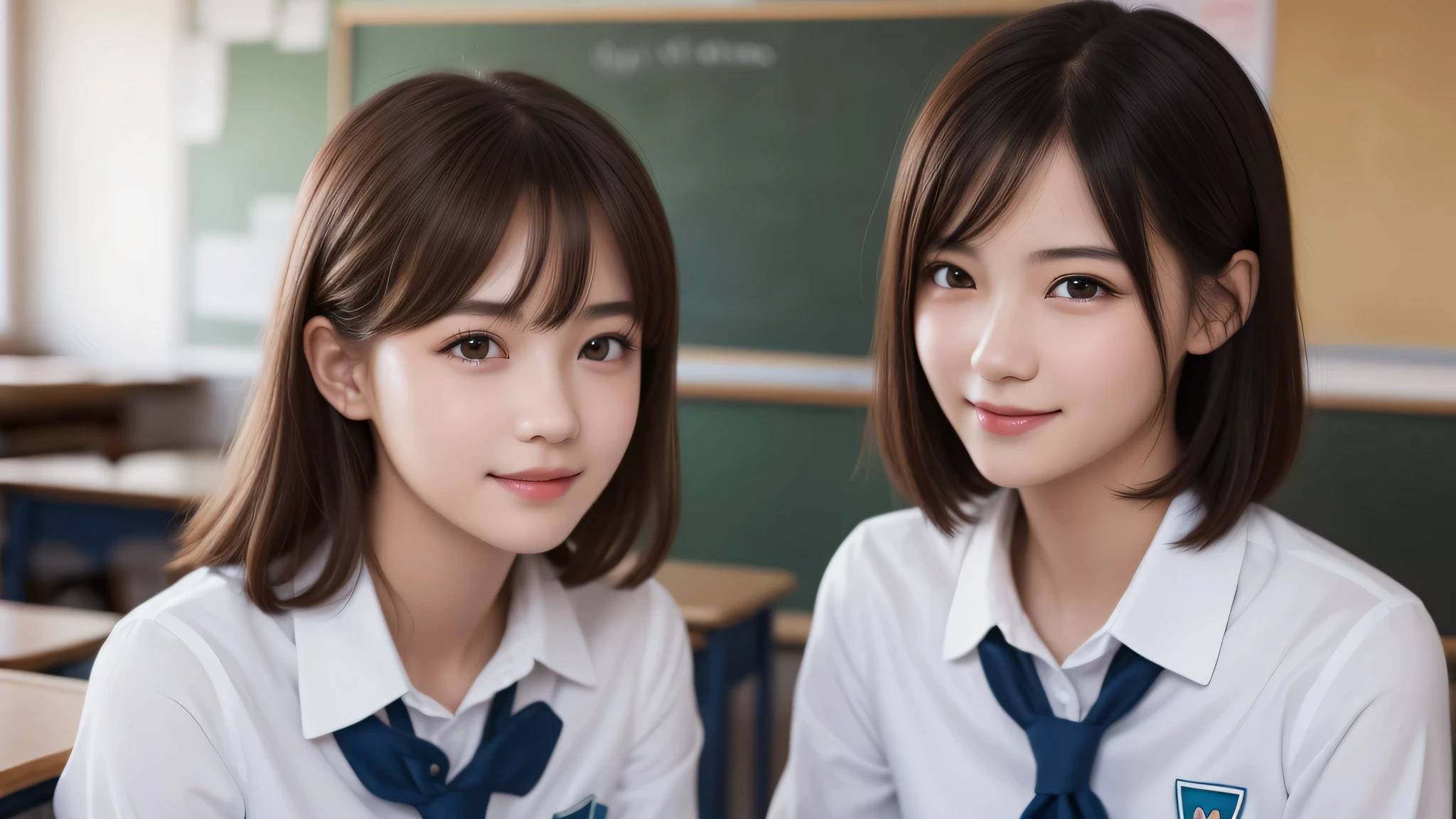 kawaii, (2girl), bob hair, smile, (high school uniform), (Best Quality:1.4), Realistic, extremely detailed CG unified 8k wallpaper, highly detailed, High-definition raw color photos, professional photography, Realistic portrait, Beautiful detailed, Close up portrait of girl, (school, classroom:1.2), (Fine face:1.2),