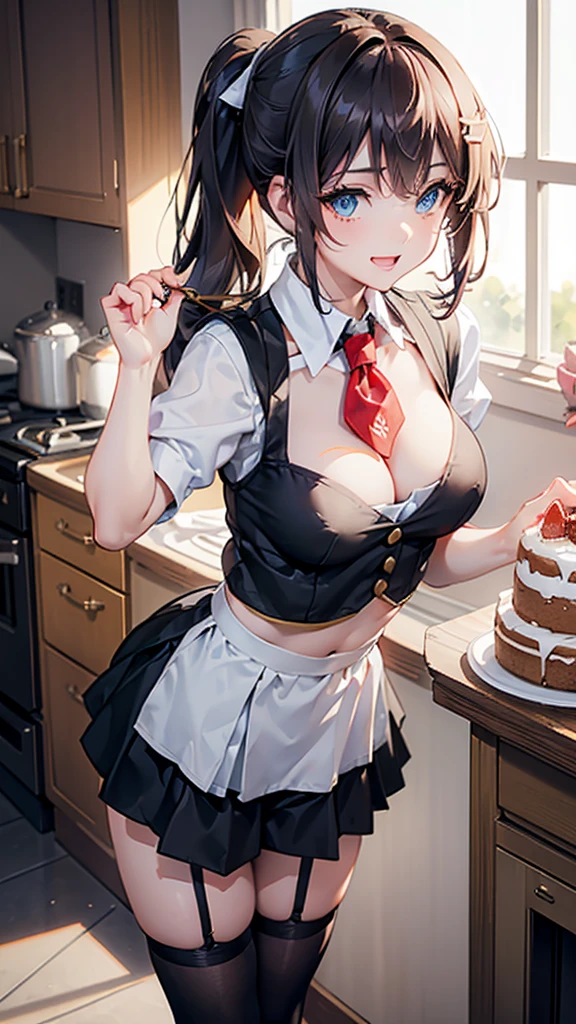 (dynamic angle:1.3, front view:1.1,  focus:1.3, from above:1.1), (dynamic posing:1.2, sexy png:1.2), (seductive smiling:1.3), ((looking at cake,Taking a cake out of the golden oven, worried about the outcome:1.2)),highest quality、(real、photorealistic:1.4),(ultra high resolution, 8K RAW photo, clear focus), best qualtiy, natural lighting, field depth, (Bright pupils, detailed beautiful eyes, high detailed face), Red lip, (tight focus:1.2), a girl 22yo old, Wearing a pastry chef uniform:1.3 , Thicc, thin breast, lir, blue eyes,garter stocking, cleavage:1.2, mblack shorts, black thighhighs, thigh strap, pretty girl, (highly detailed beautiful face and eyes,firm breasts),real skin,((blr,long pony tail hair)),thin pubic hair,cute,lovely, detailed eyes,(double breasted:1.0,under bust:1.0),(parkling eyes and a contagious smile),open mouth, Looking at Viewer,A scene of cooking in the kitchen,looking at the golden oven
