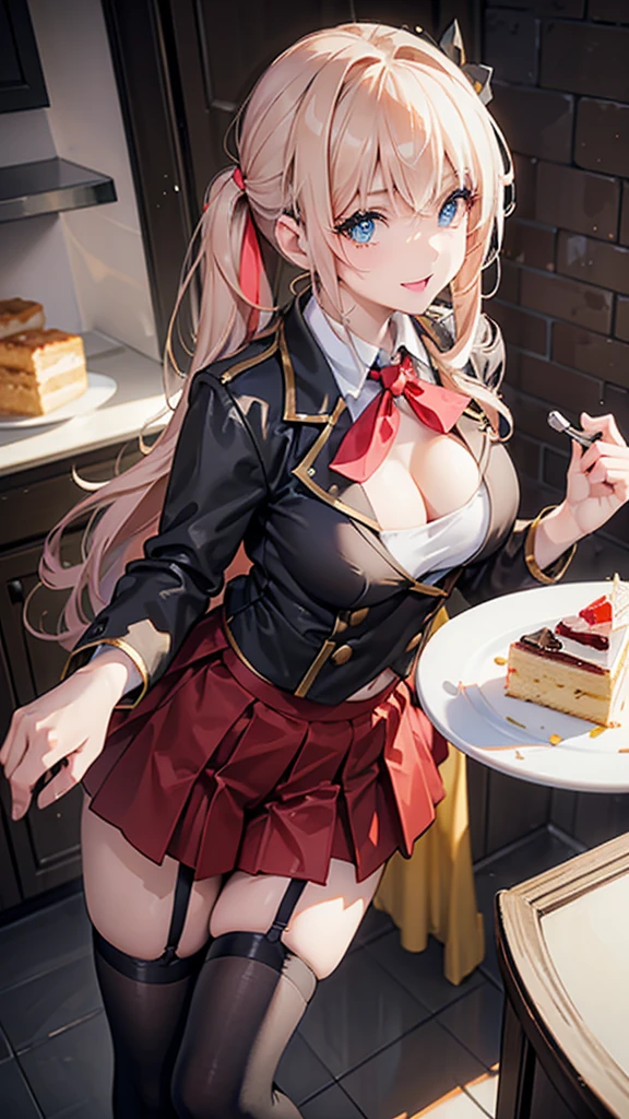(dynamic angle:1.3, front view:1.1, breast focus:1.3, from above:1.1), (dynamic posing:1.2, sexy posing:1.2), (seductive smiling:1.3), ((looking at cake,Taking a cake out of the golden oven, worried about the outcome:1.2)),highest quality、(real、photorealistic:1.4),(ultra high resolution, 8K RAW photo, clear focus), best qualtiy, natural lighting, field depth, (Bright pupils, detailed beautiful eyes, high detailed face), Red lip, (tight focus:1.2), a girl 22yo old, Wearing a pastry chef uniform:1.3 , Thicc, thin breast, long hair, blue eyes,garter stocking, cleavage:1.2, midriff, black shorts, black thighhighs, thigh strap, pretty girl, (highly detailed beautiful face and eyes,firm breasts),real skin,((black,hair,long pony tail hair)),thin pubic hair,cute,lovely, detailed eyes,(double breasted:1.0,under bust:1.0),(with sparkling eyes and a contagious smile),open mouth, Looking at Viewer,A scene of cooking in the kitchen,looking at the golden oven