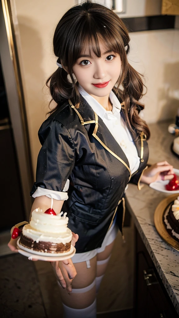 (dynamic angle:1.3, front view:1.1, breast focus:1.3, from above:1.1), (dynamic posing:1.2, sexy posing:1.2), (seductive smiling:1.3), ((looking at cake,Taking a cake out of the golden oven, worried about the outcome:1.2)),highest quality、(real、photorealistic:1.4),(ultra high resolution, 8K RAW photo, clear focus), best qualtiy, natural lighting, field depth, (Bright pupils, detailed beautiful eyes, high detailed face), Red lip, (tight focus:1.2), a girl 22yo old, Wearing a pastry chef uniform:1.3 , Thicc, thin breast, long hair, blue eyes,garter stocking, cleavage:1.2, midriff, black shorts, black thighhighs, thigh strap, pretty girl, (highly detailed beautiful face and eyes,firm breasts),real skin,((black,hair,long pony tail hair)),thin pubic hair,cute,lovely, detailed eyes,(double breasted:1.0,under bust:1.0),(with sparkling eyes and a contagious smile),open mouth, Looking at Viewer,A scene of cooking in the kitchen,looking at the golden oven
