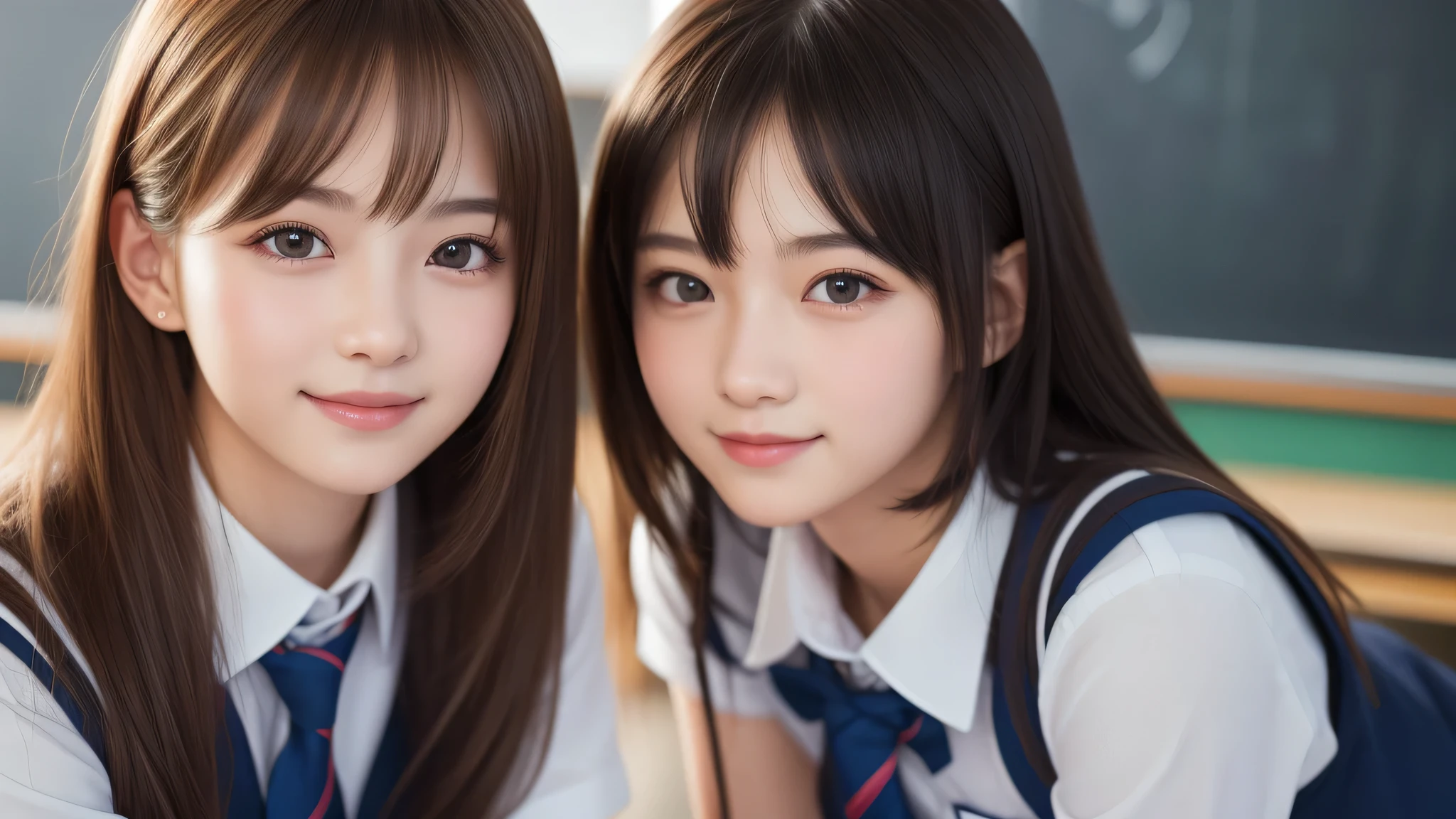 kawaii, (2girl), bob hair, smile, (high school uniform), (Best Quality:1.4), Realistic, extremely detailed CG unified 8k wallpaper, highly detailed, High-definition raw color photos, professional photography, Realistic portrait, Beautiful detailed, Close up portrait of girl, (school, classroom:1.2), (Fine face:1.2),