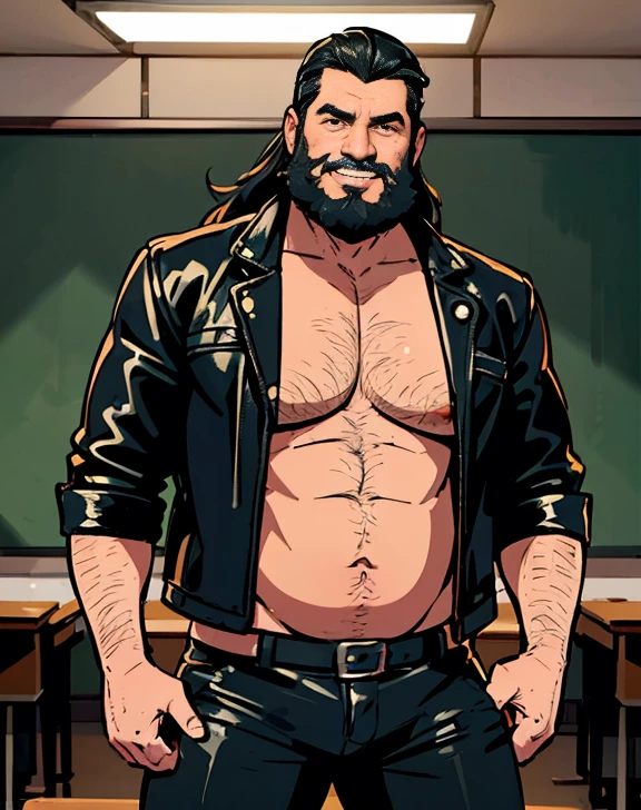(((1 Fat Only plump chubby extremely thick thighs large belly fat age 50 years old he is bearded long hair, tatuagens pelo corpo inteiro, wears an unbuttoned black leather jacket, wearing only red swim trunks and wearing black motorcycle boots. Carrancudo e cara de homem mal))), He is a biker who stands next to his Harley Davidson motorcycle, Fotografia de corpo inteiro fotografia, (((He is standing inside a classroom teaching a class of students))). (bestiality,realistic:1.37),portrait,studio lighting,vivid colors,soft lighting,barefoot,underbelly,relaxed pose,brightly lit room,cozy atmosphere,happy expression,warm color palette,smiling face,Wide shot of a big fat man with a big fat belly
