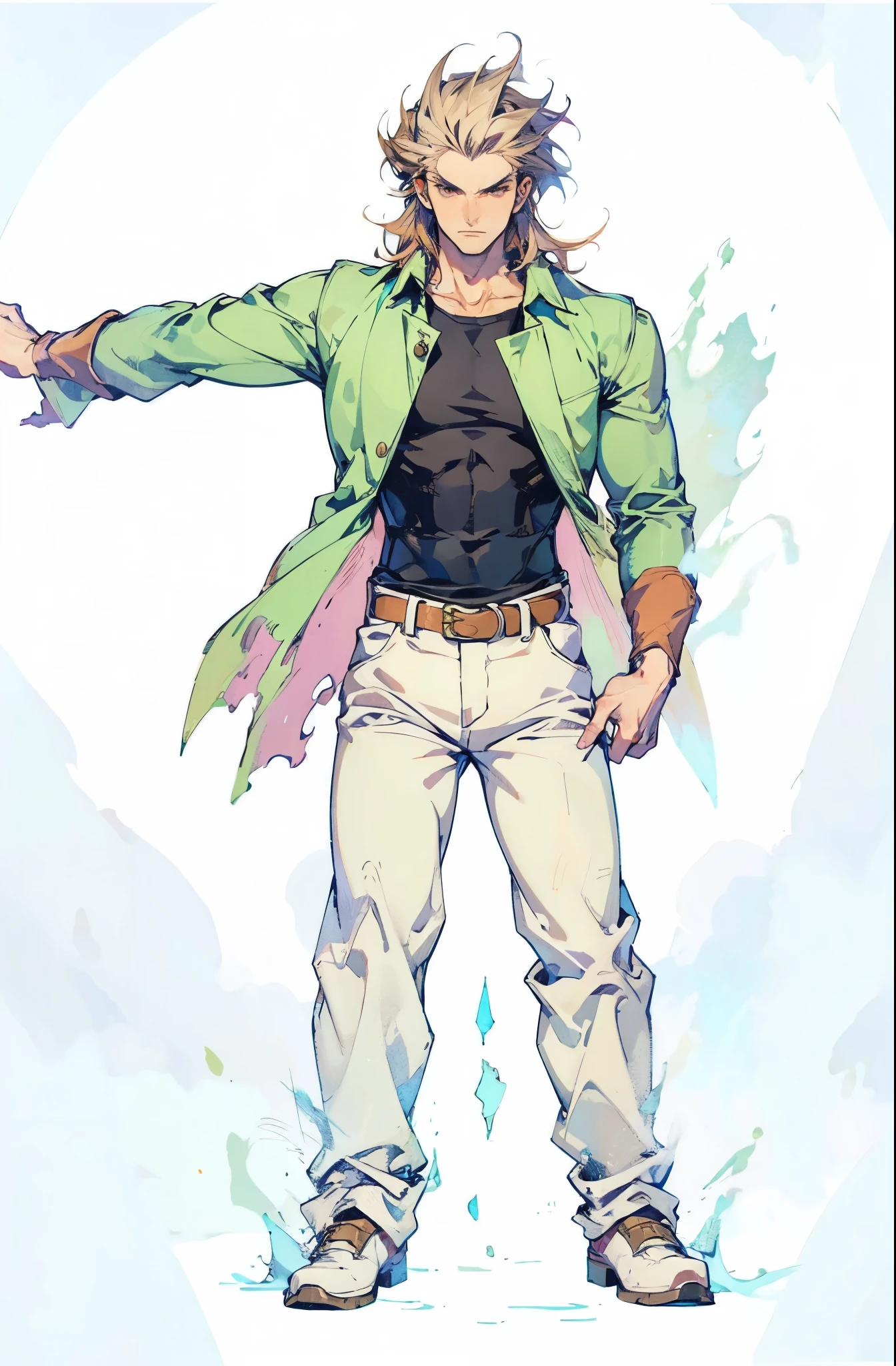A man with brown disheveled and bristling hair, sharp eyes, a dignified expression, two green war marks on his face, a fantasy-style tattered brown coat with one sleeve torn, a black sleeveless undershirt, a red cloth belt around his waist, light-colored trousers, thick cloth shoes, a strong aura surrounds him, stands in a fantastical canyon cave, this character embodies a finely crafted fantasy-style practitioner in anime style, exquisite and mature manga art style, dramatic, high definition, best quality, highres, ultra-detailed, ultra-fine painting, extremely delicate, professional, perfect body proportions, golden ratio, anatomically correct, symmetrical face, extremely detailed eyes and face, high quality eyes, creativity, RAW photo, UHD, 32k, Natural light, cinematic lighting, masterpiece-anatomy-perfect, masterpiece:1.5