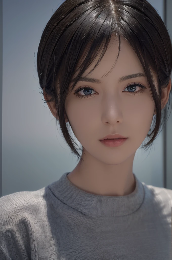 (masterpiece:1.3), (8k, photorealistic, RAW photo, best quality: 1.4), (1girl), beautiful face, (realistic face), (black hair, short hair:1.3), beautiful hairstyle, realistic eyes, beautiful detailed eyes, (realistic skin), beautiful skin, (sweater), absurdres, attractive, ultra high res, ultra realistic, highly detailed, golden ratio