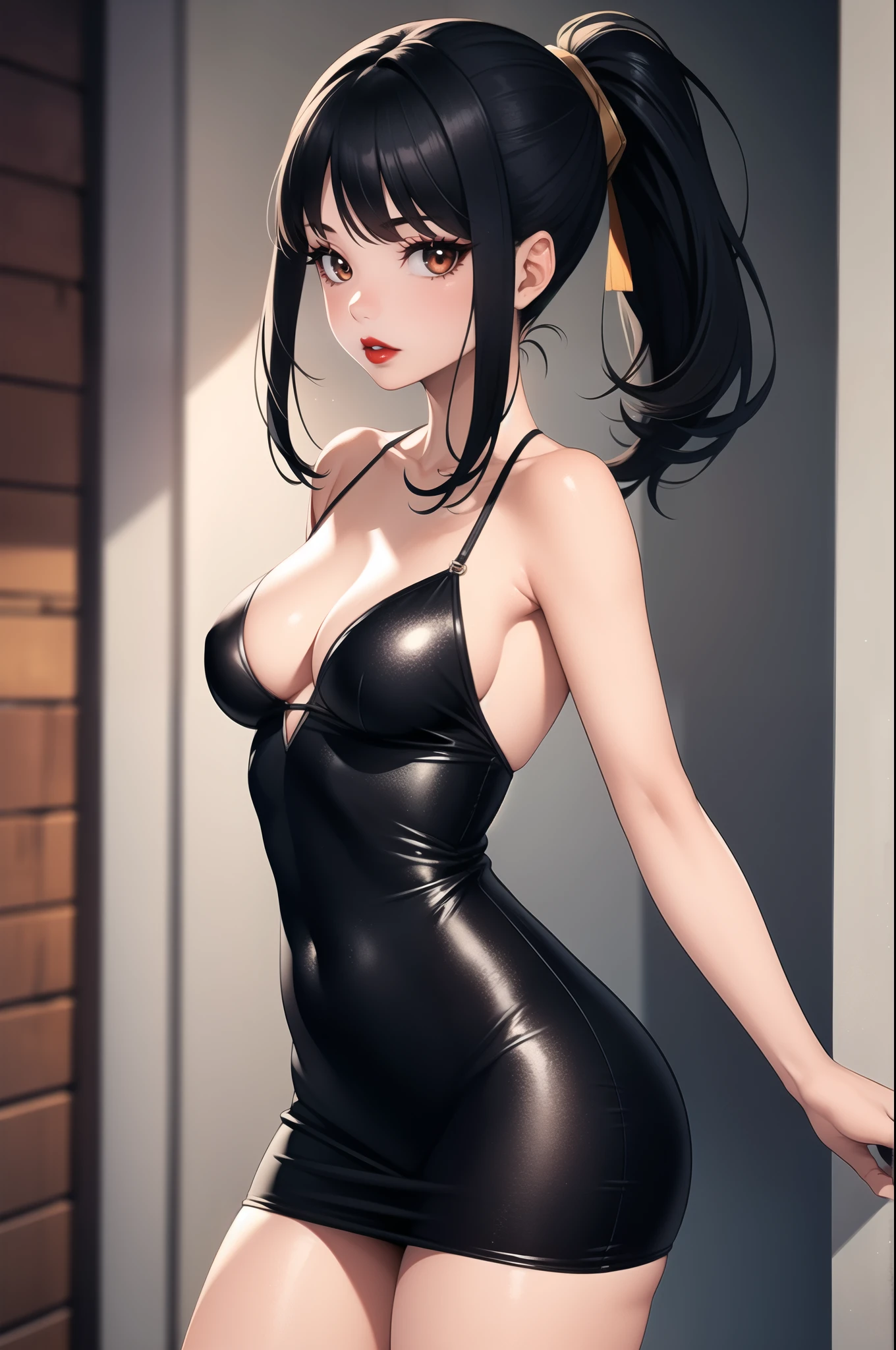 1girl, latina, black long hair, ponytail, bangs, red lips, glossy lips, big eyelashes, wide hips,small breasts, perky breasts, black dress, sporty dress, light makeup