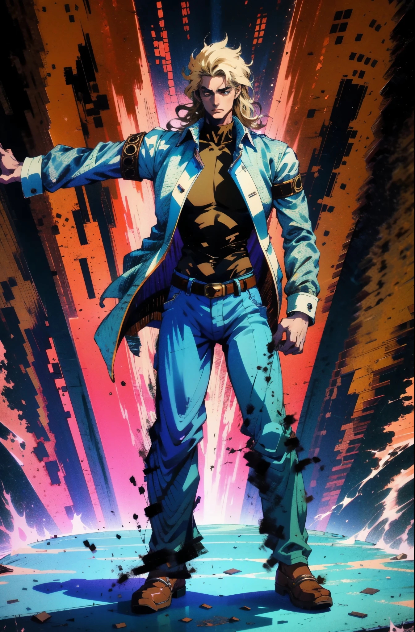 A man with brown disheveled and bristling hair, sharp eyes, a dignified expression, two green war marks on his face, a fantasy-style tattered brown coat with one sleeve torn, a black sleeveless undershirt, a red cloth belt around his waist, light-colored trousers, thick cloth shoes, a strong aura surrounds him, stands in a fantastical canyon cave, this character embodies a finely crafted fantasy-style practitioner in anime style, exquisite and mature manga art style, dramatic, high definition, best quality, highres, ultra-detailed, ultra-fine painting, extremely delicate, professional, perfect body proportions, golden ratio, anatomically correct, symmetrical face, extremely detailed eyes and face, high quality eyes, creativity, RAW photo, UHD, 32k, Natural light, cinematic lighting, masterpiece-anatomy-perfect, masterpiece:1.5