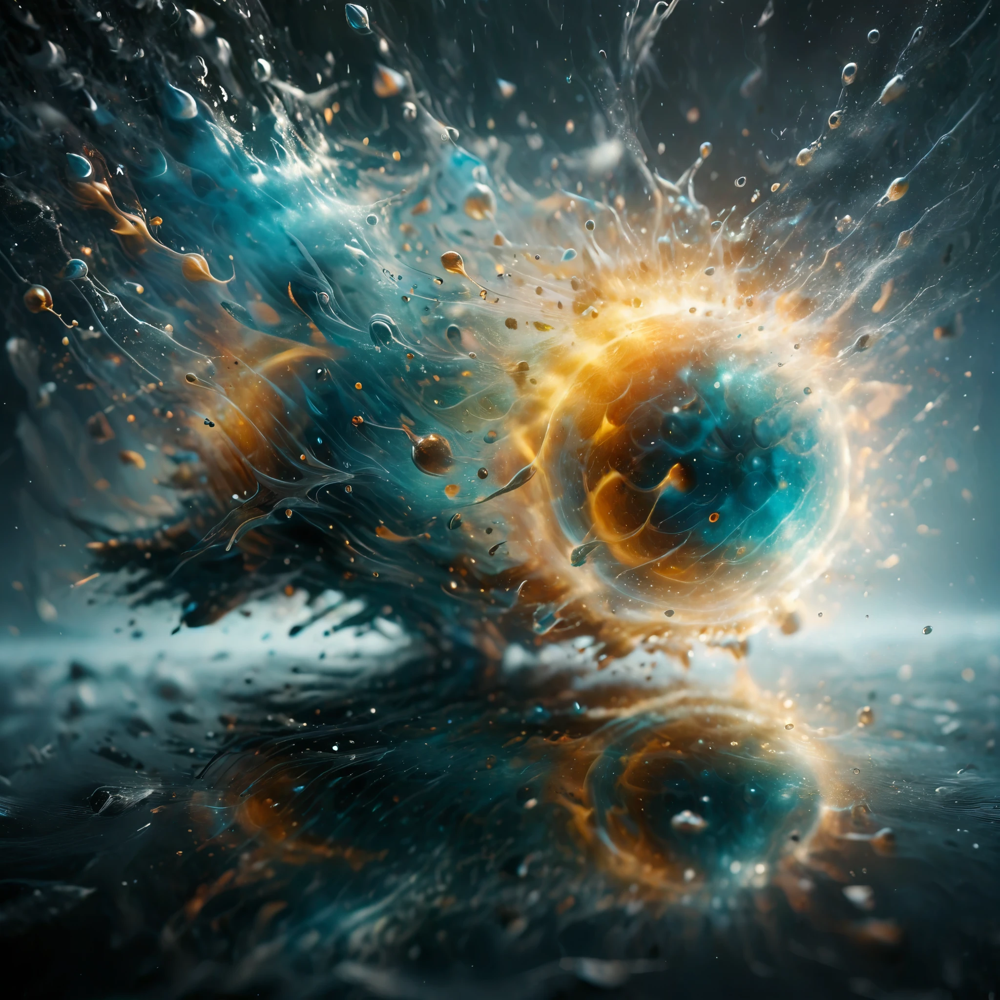 highly detailed macro photograph showcasing a dynamic explosion of colorful droplets in mid-air. Focus on the contrast between the vibrant orange and teal hues against a dark, blurred background. The scene should capture the essence of motion and fluidity, with droplets of various sizes suspended in space, reflecting light and creating intricate patterns. The lighting should emphasize the translucence and reflective nature of the droplets, with a shallow depth of field to keep the focus on the foreground details while blurring the background. The overall mood should be energetic and captivating, highlighting the beauty of the liquid's movement and color interplay.