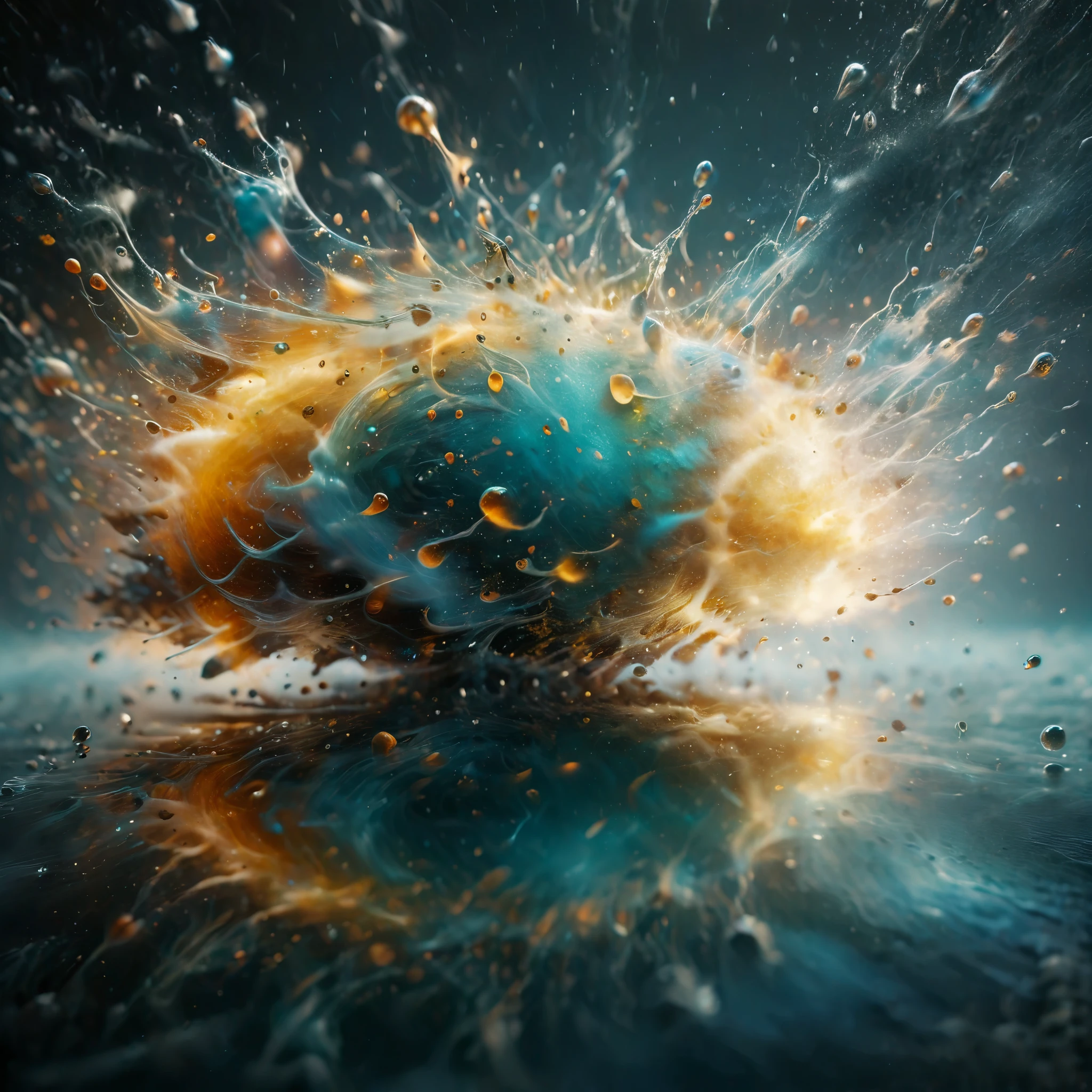 highly detailed macro photograph showcasing a dynamic explosion of colorful droplets in mid-air. Focus on the contrast between the vibrant orange and teal hues against a dark, blurred background. The scene should capture the essence of motion and fluidity, with droplets of various sizes suspended in space, reflecting light and creating intricate patterns. The lighting should emphasize the translucence and reflective nature of the droplets, with a shallow depth of field to keep the focus on the foreground details while blurring the background. The overall mood should be energetic and captivating, highlighting the beauty of the liquid's movement and color interplay.
