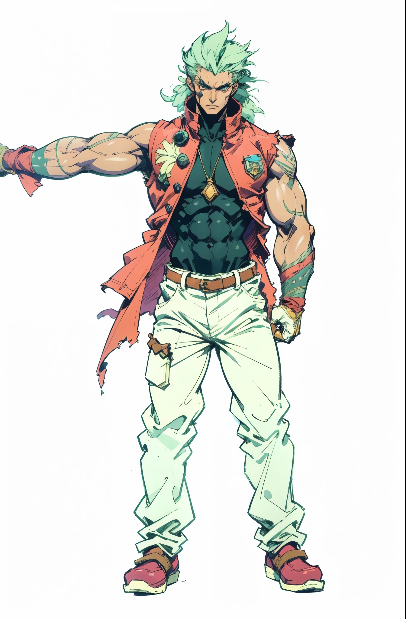 A man with brown disheveled and bristling hair, sharp eyes, a dignified expression, two green war marks on his face, a fantasy-style tattered brown coat with one sleeve torn, a black sleeveless undershirt, a red cloth belt around his waist, light-colored trousers, thick cloth shoes, a strong aura surrounds him, stands in a fantastical canyon cave, this character embodies a finely crafted fantasy-style practitioner in anime style, exquisite and mature manga art style, dramatic, high definition, best quality, highres, ultra-detailed, ultra-fine painting, extremely delicate, professional, perfect body proportions, golden ratio, anatomically correct, symmetrical face, extremely detailed eyes and face, high quality eyes, creativity, RAW photo, UHD, 32k, Natural light, cinematic lighting, masterpiece-anatomy-perfect, masterpiece:1.5