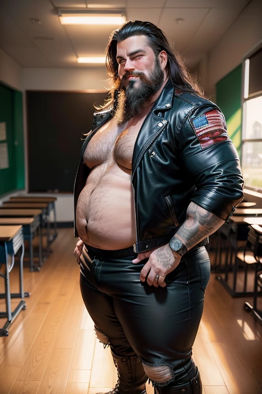 (((1 Fat Only plump chubby extremely thick thighs large belly fat age 50 years old he is bearded long hair, tatuagens pelo corpo inteiro, wears an unbuttoned black leather jacket, wearing only red swim trunks and wearing black motorcycle boots. Carrancudo e cara de homem mal))), He is a biker who stands next to his Harley Davidson motorcycle, Fotografia de corpo inteiro fotografia, (((He is standing inside a classroom teaching a class of students))). (bestiality,realistic:1.37),portrait,studio lighting,vivid colors,soft lighting,barefoot,underbelly,relaxed pose,brightly lit room,cozy atmosphere,happy expression,warm color palette,smiling face,Wide shot of a big fat man with a big fat belly 