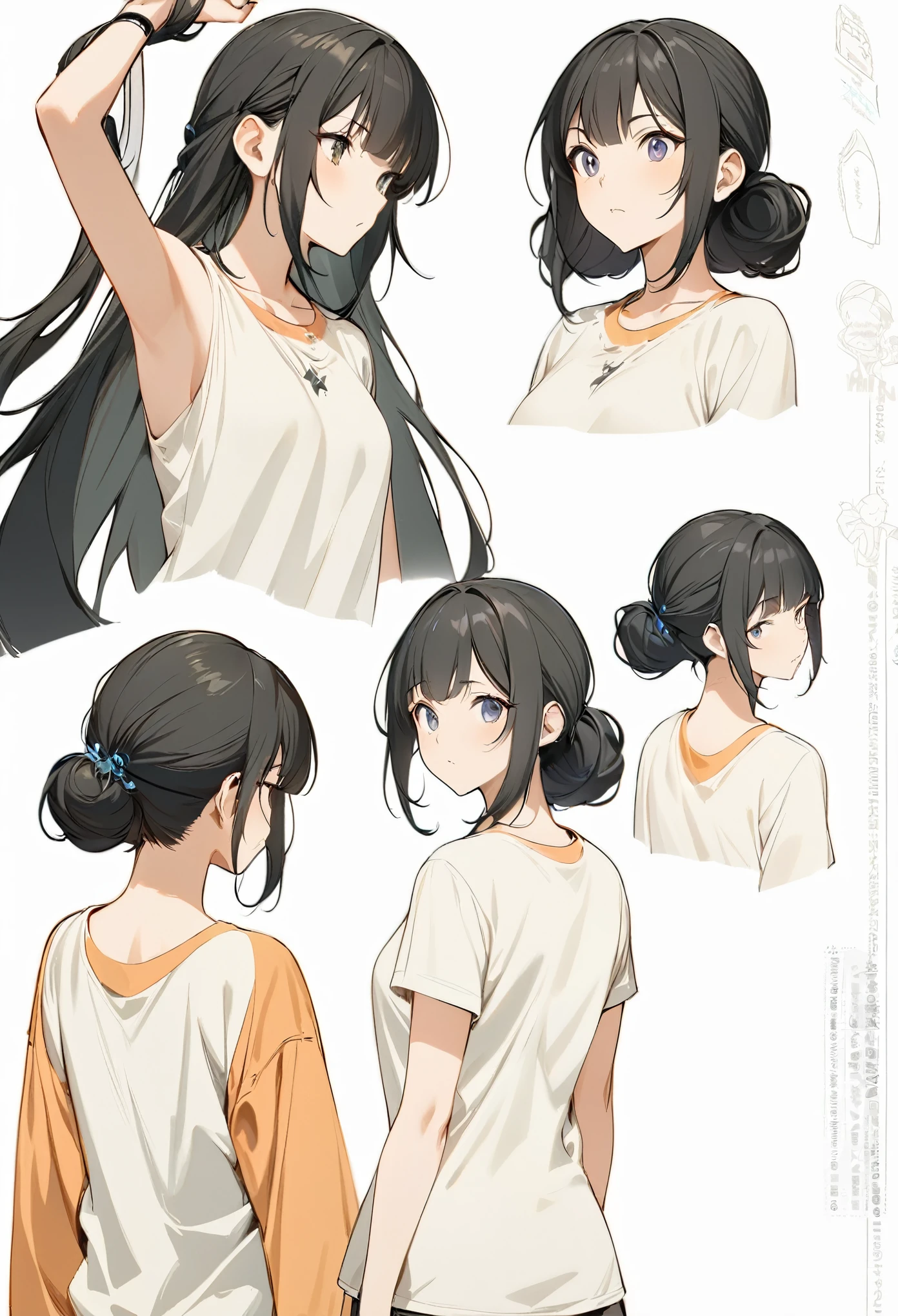((masterpiece)),(((best quality))),(character design sheet, same character, front, side, back), illustration, 1 girl, hair color, bangs, hairstyle fax, eyes, environment changeé scene, Hairstyle Fax, Pose Zitai, Female, Shirt Shangyi, Star, Charturnbetalora, (simple background, white background: 1.3),