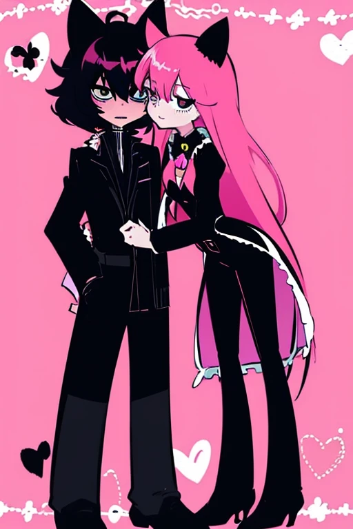 Cat girl pink hair jacket Black
Boy black hair with overcoat Black
Couple kiss,full body
Kiss love