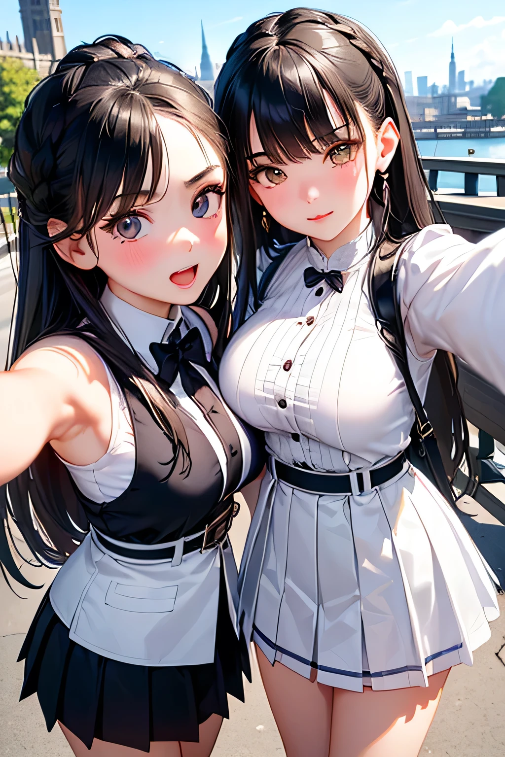 highest quality、High resolution、Detailed Background、(Beautiful face in every detail:1.4)、Anatomically correct、(Hide your fingers:1.3)、(Detailed facial expressions)、(Detailed eyes:1.2)、(Detailed eyes:1.2)、Teenage beauty、(Highly detailed face:1.4)、Black Hair、Brown Hair、well-groomed eyebrows、(Huge breasts:1.1)、Black Hair、Brown Hair、Braided Bob、Braided Ponytail、Perfect body line、cuteJK uniform、Checkered pleated mini skirt、White Stockings、
(Three beautiful girls taking a selfie with a tourist spot in the background:1.5)、
Big Ben、Tower of London、British Museum、Buckingham Palace、cute