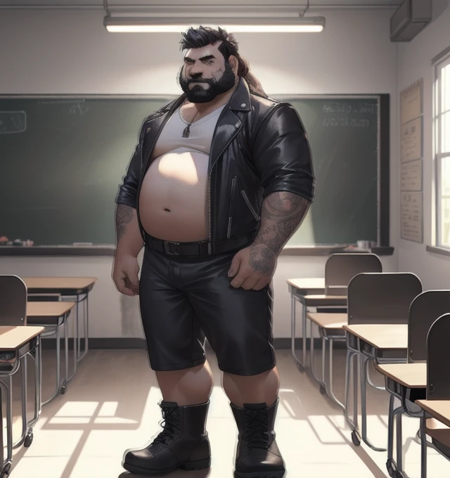 (((1 Fat Only plump chubby extremely thick thighs large belly fat age 50 years old he is bearded long hair, tatuagens pelo corpo inteiro, wears an unbuttoned black leather jacket, wearing only red swim trunks and wearing black motorcycle boots. Carrancudo e cara de homem mal))), He is a biker who stands next to his Harley Davidson motorcycle, Fotografia de corpo inteiro fotografia, (((He is standing inside a classroom teaching a class of students))). (bestiality,realistic:1.37),portrait,studio lighting,vivid colors,soft lighting,barefoot,underbelly,relaxed pose,brightly lit room,cozy atmosphere,happy expression,warm color palette,smiling face,Wide shot of a big fat man with a big fat belly