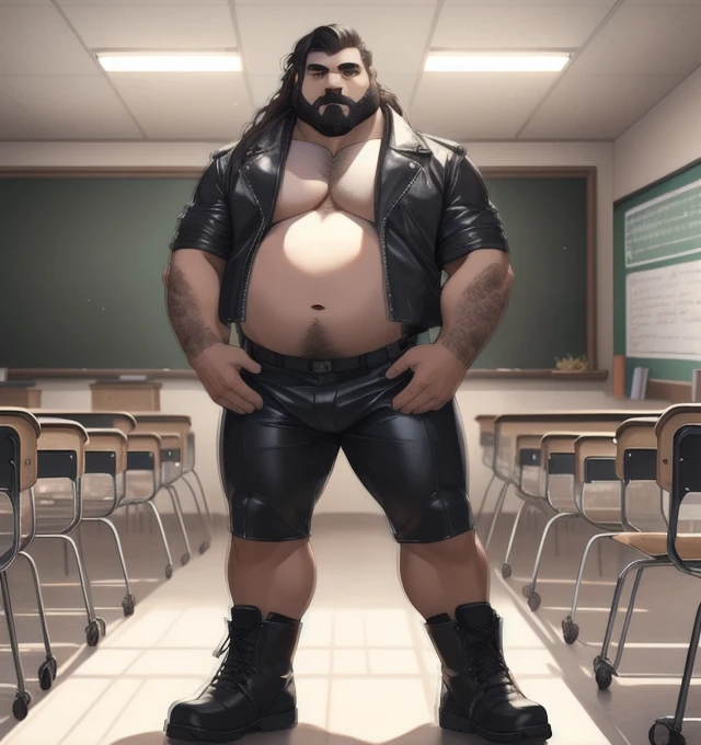 (((1 Fat Only plump chubby extremely thick thighs large belly fat age 50 years old he is bearded long hair, tatuagens pelo corpo inteiro, wears an unbuttoned black leather jacket, wearing only red swim trunks and wearing black motorcycle boots. Carrancudo e cara de homem mal))), He is a biker who stands next to his Harley Davidson motorcycle, Fotografia de corpo inteiro fotografia, (((He is standing inside a classroom teaching a class of students))). (bestiality,realistic:1.37),portrait,studio lighting,vivid colors,soft lighting,barefoot,underbelly,relaxed pose,brightly lit room,cozy atmosphere,happy expression,warm color palette,smiling face,Wide shot of a big fat man with a big fat belly