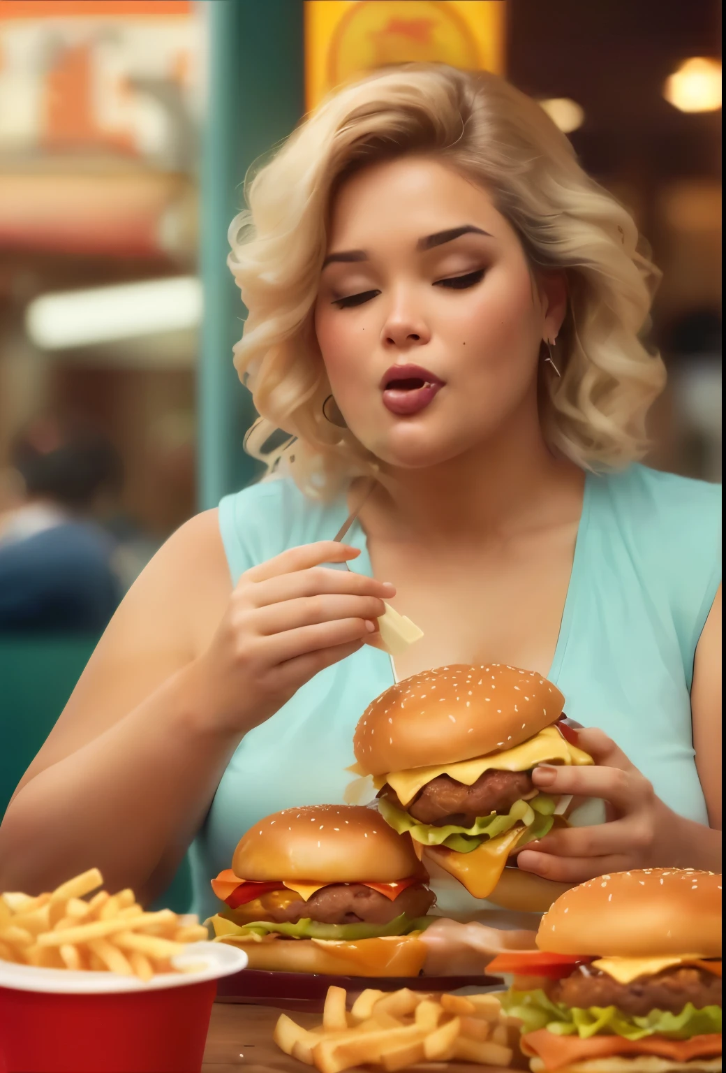 woman comendo a hamburger and fries at a table with a red cup, comendo burgers, comendo a burger, comendo a cheeseburger, comendo a hamburger, serving burgers, comendo meat, mais tamanho woman, Mulher gorda, mais tamanho, Sobrepeso, obturador, fast food, comendo, obeso, slightly Sobrepeso, devour a hamburger, Foto, people are comendo, mukbang