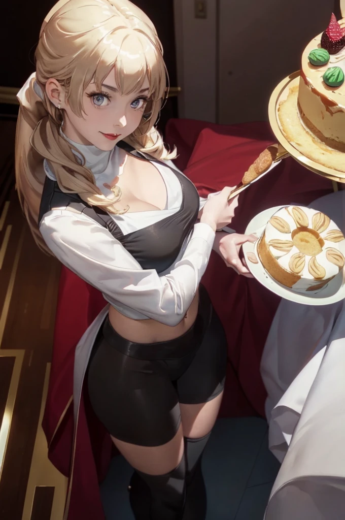 (dynamic angle:1.3, front view:1.1, breast focus:1.3, from above:1.1), (dynamic posing:1.2, sexy posing:1.2), (seductive smiling:1.3), ((looking at cake,Taking a cake out of the golden oven, worried about the outcome:1.2)),highest quality、(real、photorealistic:1.4),(ultra high resolution, 8K RAW photo, clear focus), best qualtiy, natural lighting, field depth, (Bright pupils, detailed beautiful eyes, high detailed face), Red lip, (tight focus:1.2), a girl 22yo old, Wearing a pastry chef uniform:1.3 , Thicc, thin breast, long hair, blue eyes,garter stocking, cleavage:1.2, midriff, black shorts, black thighhighs, thigh strap, pretty girl, (highly detailed beautiful face and eyes,firm breasts),real skin,((black,hair,long pony tail hair)),thin pubic hair,cute,lovely, detailed eyes,(double breasted:1.0,under bust:1.0),(with sparkling eyes and a contagious smile),open mouth, Looking at Viewer,A scene of cooking in the kitchen,looking at the golden oven
