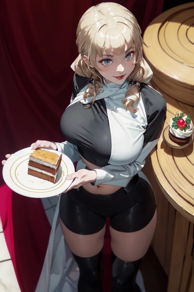 (dynamic angle:1.3, front view:1.1, breast focus:1.3, from above:1.1), (dynamic posing:1.2, sexy posing:1.2), (seductive smiling:1.3), ((looking at cake,Taking a cake out of the golden oven, worried about the outcome:1.2)),highest quality、(real、photorealistic:1.4),(ultra high resolution, 8K RAW photo, clear focus), best qualtiy, natural lighting, field depth, (Bright pupils, detailed beautiful eyes, high detailed face), Red lip, (tight focus:1.2), a girl 22yo old, Wearing a pastry chef uniform:1.3 , Thicc, thin breast, long hair, blue eyes,garter stocking, cleavage:1.2, midriff, black shorts, black thighhighs, thigh strap, pretty girl, (highly detailed beautiful face and eyes,firm breasts),real skin,((black,hair,long pony tail hair)),thin pubic hair,cute,lovely, detailed eyes,(double breasted:1.0,under bust:1.0),(with sparkling eyes and a contagious smile),open mouth, Looking at Viewer,A scene of cooking in the kitchen,looking at the golden oven