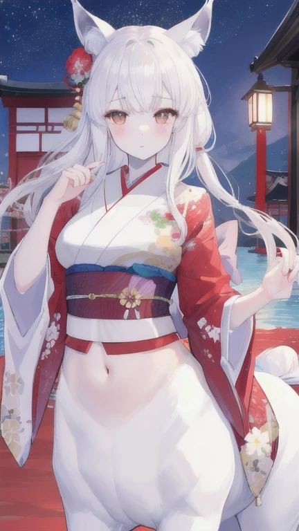 (best quality, masterpiece), 1 girl, centaur, It takes, White skin, kimono, navel, 아름다운 소녀 perfect wolf photo, perfect wolf photo