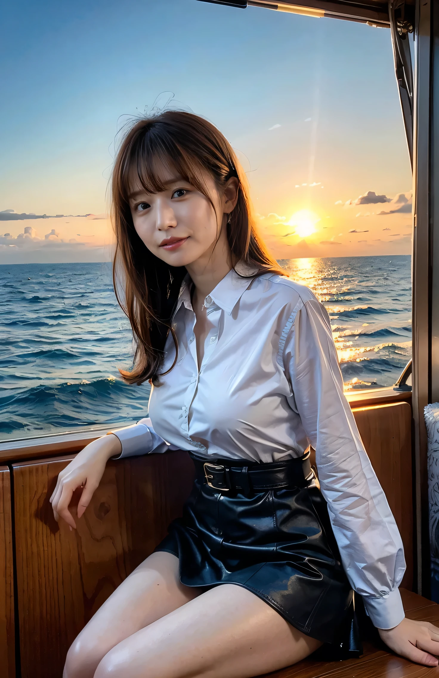 The sky turns red、Woman standing on a boat、Light brown hair、Elegant hairstyle、Blue Eyed Woman、A woman with a cute upward gaze、When the sky gets dark、The gentle light of the ship shines、The sky turns red as the sun sets、Tight clothing that shows your body lines、、A clean white blouse or white collared shirt、The first button of her blouse is lewdly open、Genuine Leather Belt、革のShort skirt、Dress elegantly着こなす、Luxury Bags、、（（Medium Short Hair:1.4））、Skyscrapers seen across the sea、Manhattan 私sland is visible offshore、Woman on a sightseeing boat、、The sun shines on her、Light brown hair、Light brown hair、The sky was dyed red、There are clouds、private's cute、An elegantly dressed woman is sitting on a boat and watching the sunset、Her ample breasts are obvious even through her clothes..、The shining sun is so beautiful、Dusk is approaching、Lens flare、I can see the sunset、（（Sunlight reflecting off the ocean、Ocean View、The sun shines on the sea、&#39;beautiful.、Small earrings、private&#39;evening、Birds are also flying、、Brown Hair Color、Tying up hair、The woman is on the right:1.4））、Luxury Leather Belts、Shiny clothes、Light beige hair color、Background Blur、Braid only the front hair、Light brown hair、｛｛Cowgirl Shot｝｝、（（Close-up shot from the waist up、Ample breasts:1.4））、Smile、Silk clothing、Ample breasts that can be seen even through clothes、Braid only the front hair、Cowboy Shot、Gorgeous white collared silk shirt and brown skirt、Dress elegantly、Luxury Bags、A lovely smile、（（Ample breasts））、Full body photo、ring、Short skirt、Tuck your hair behind one ear、Silver Necklace、smile、 Elegant ponytail、Caustics、Highly detailed photos、Very beautiful and ideal short hair、Super no makeup、(8k、RAW Photos、highest quality、masterpiece:1.2)、(Realistic、Realistic)、1 girl、((Medium Short Hair、Looking into the camera:1.4))、Hair blowing in the wind

