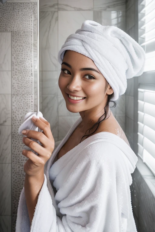 woman with towel on the head and highly detailed), wearing white robe, ,face of high detail), (toalha branca na cabeca , best quality, ultra high-resolution, (fotorrealista: 1.4), Rim lighting, Facing the woman in the bathrobe coming out of the bath from luxury hotel bathroom, asian,cute,, light skin color ,smiling, long shot
