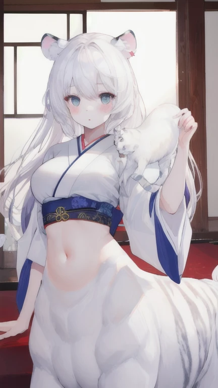 (best quality, masterpiece), 1 girl, centaur, It takes,White skin, Japanese , belly button t-shirt, 아름다운 소녀 perfect white tiger photo, perfect white tiger photo