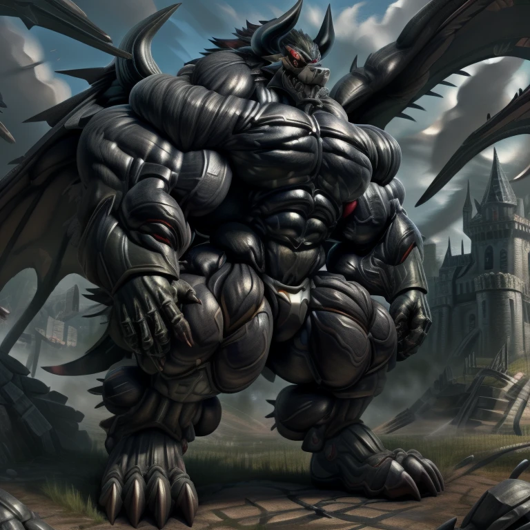 (gigantic muscles), 8K, Masterpiece, highres, Detailed head, Detailed Body, full body, Detailed abs, wearing crNanosuit, big muscle (pecs, triceps, traps) unusually developed muscular body, body full of huge muscles. pectorales enormes. Exaggeratedly huge muscles. Gigachad Muscular, gigantic muscles, Colossal giant NANOSUIT over a battlefield, The claws are sharp, Sharp teeth, Spread wings, have big wings. black wings, nj5furry, Animal paws, castle, black visor, demon lord dragon batzz, 
battlefield