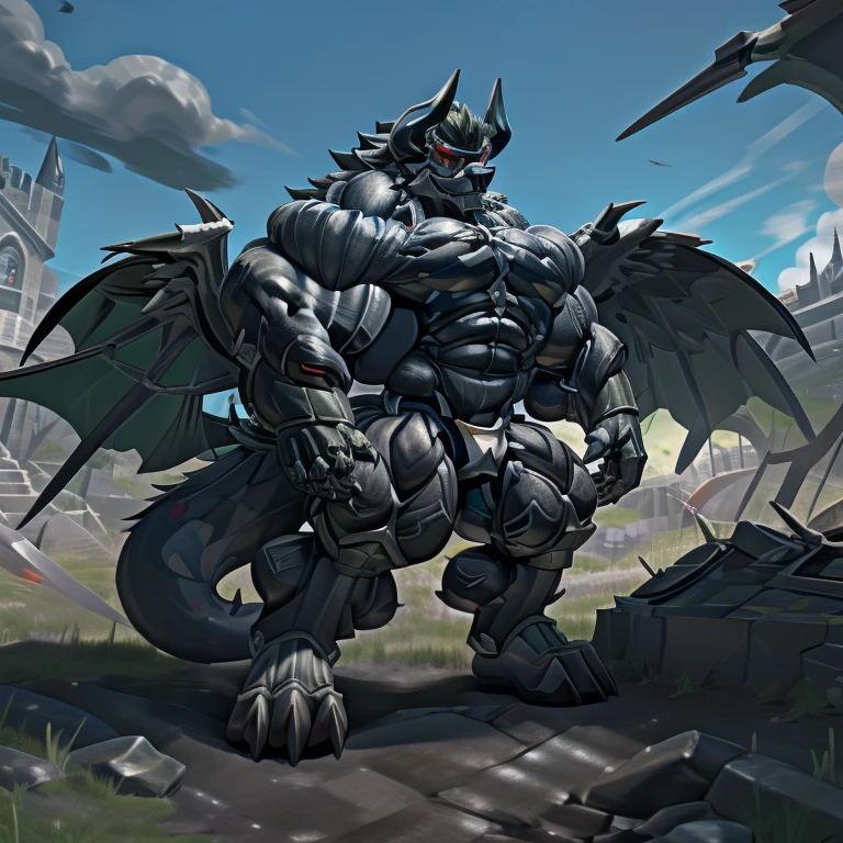 (gigantic muscles), 8K, Masterpiece, highres, Detailed head, Detailed Body, full body, Detailed abs, wearing crNanosuit, big muscle (pecs, triceps, traps) unusually developed muscular body, body full of huge muscles. pectorales enormes. Exaggeratedly huge muscles. Gigachad Muscular, gigantic muscles, Colossal giant NANOSUIT over a battlefield, The claws are sharp, Sharp teeth, Spread wings, have big wings. black wings, nj5furry, Animal paws, castle, black visor, demon lord dragon batzz,
battlefield